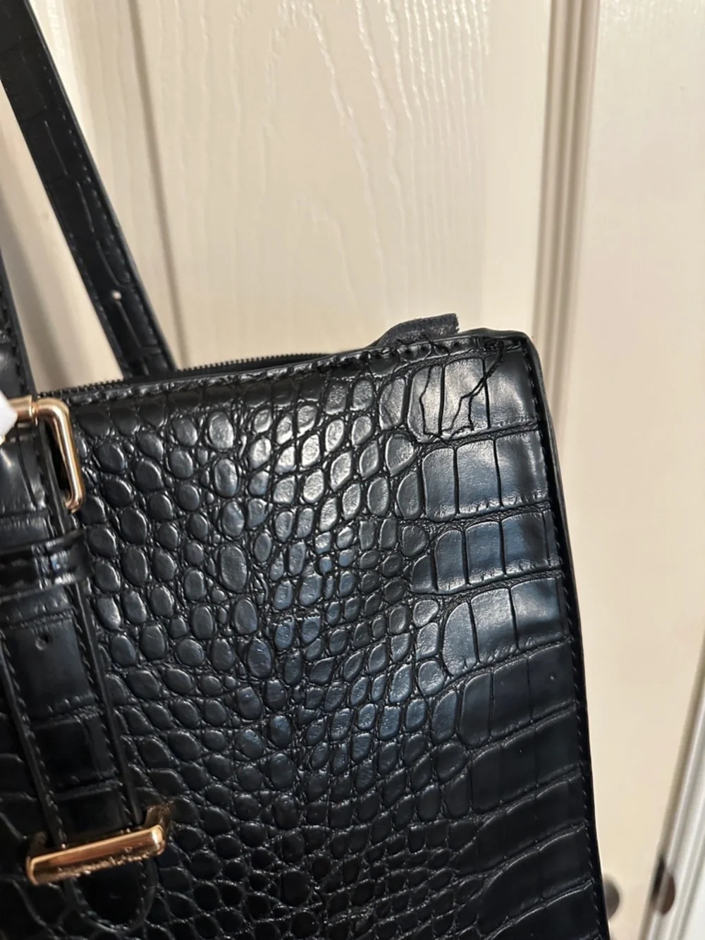 Elegant Croc-Embossed Laptop Shoulder Tote Bag, Black, Fits up to 16” Laptop